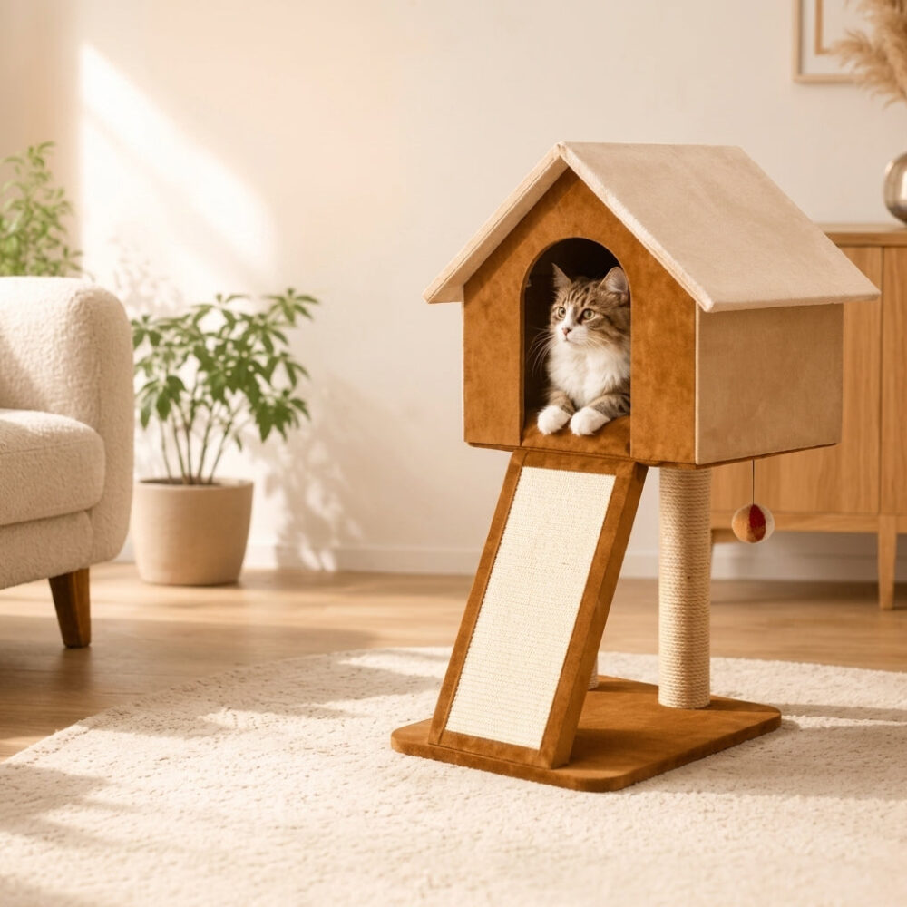 Cat Scratching Pole With Cat Hut