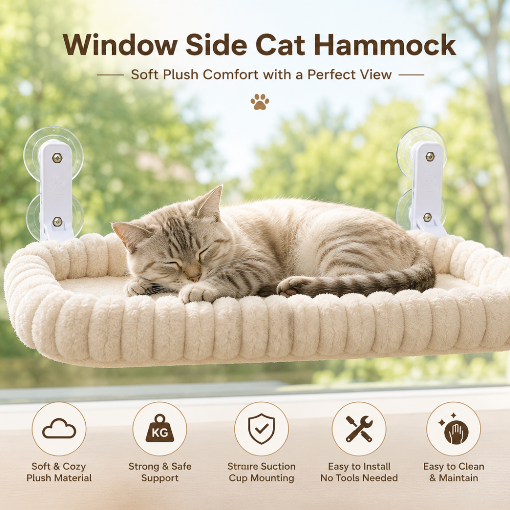 Window Side Cat Hammock Soft Plush Beige